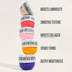 Stack of colorful skincare containers with text highlighting their benefits on a light background