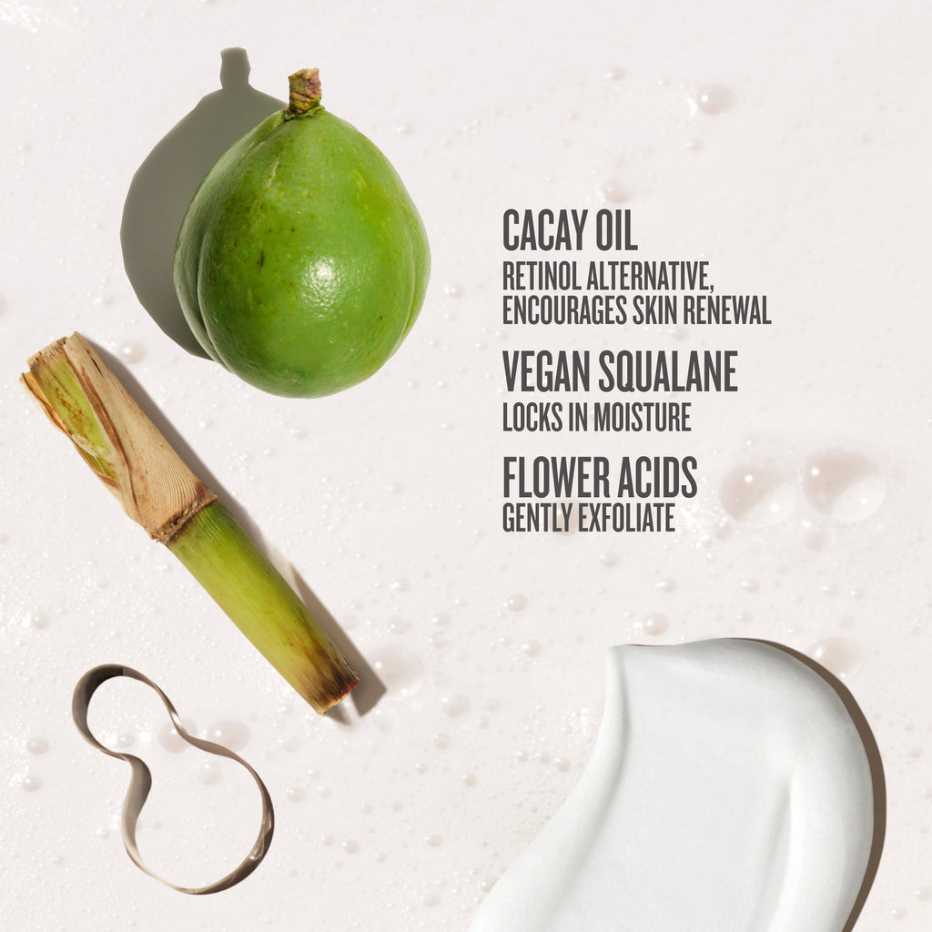 cacay oil retinol alternative, encourages skin renewal. Vegan squalene locks in moisture, flower acids gently exfoliate