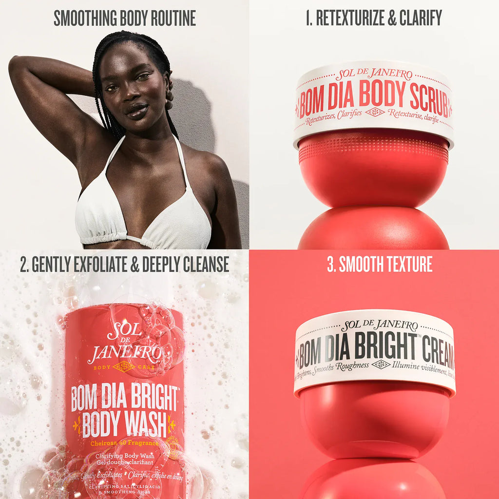 smoothing body routine, 1. retexturize 2. gently exfoliate & deeply cleanse 3. smooth texture