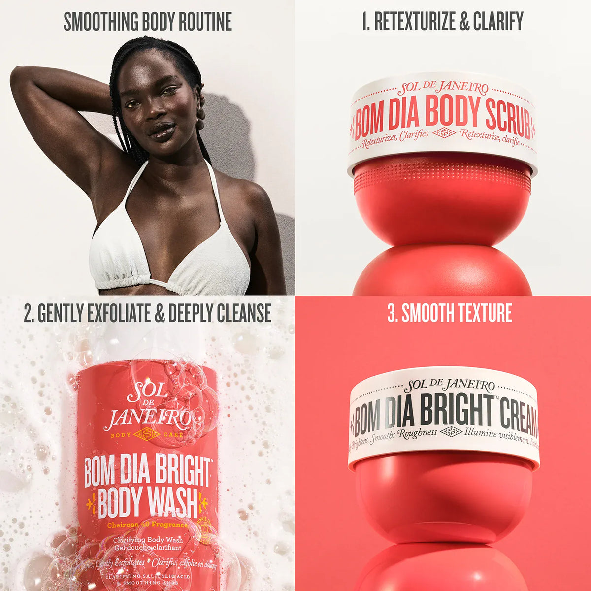 smoothing body routine, 1. retexturize 2. gently exfoliate & deeply cleanse 3. smooth texture