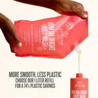 Red body wash refill packaging with a hand pouring liquid into a bottle, featuring Sol de Janeiro branding.