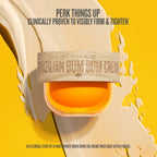 A jar of Sol de Janeiro Brazilian Bum Bum Cream is shown against a bright yellow background with a cream-colored splash. The jar has a light wood-grain label with the brand name and product name printed on it.