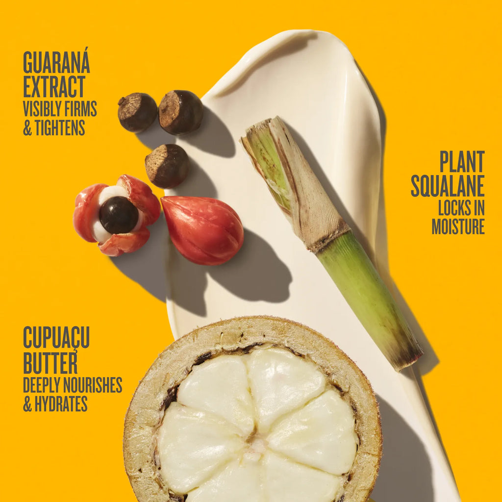 A styled flat-lay of skincare ingredients on a bright yellow background: a sliced cupuacu fruit, guarana seeds, a cut guarana pod, a green stem, and a cream-colored spatula with text callouts about guarana extract, cupuacu butter, and plant squalane.
