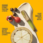 A styled flat-lay of skincare ingredients on a bright yellow background: a sliced cupuacu fruit, guarana seeds, a cut guarana pod, a green stem, and a cream-colored spatula with text callouts about guarana extract, cupuacu butter, and plant squalane.