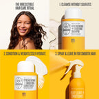 Hair care product advertisement with a woman and shampoo, conditioner, and spray bottle.