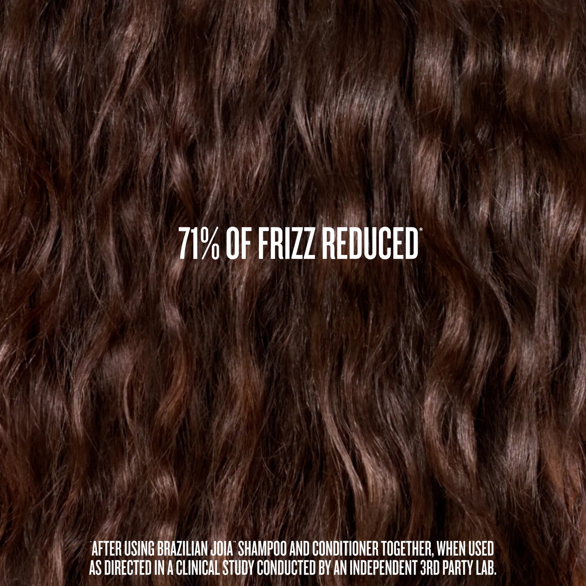 Close-up of curly brown hair with text indicating 71% frizz reduction, set against a dark brown background.