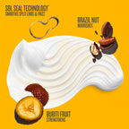 Product advertisement with white cream, Brazil nut, and Buriti fruit on a yellow background