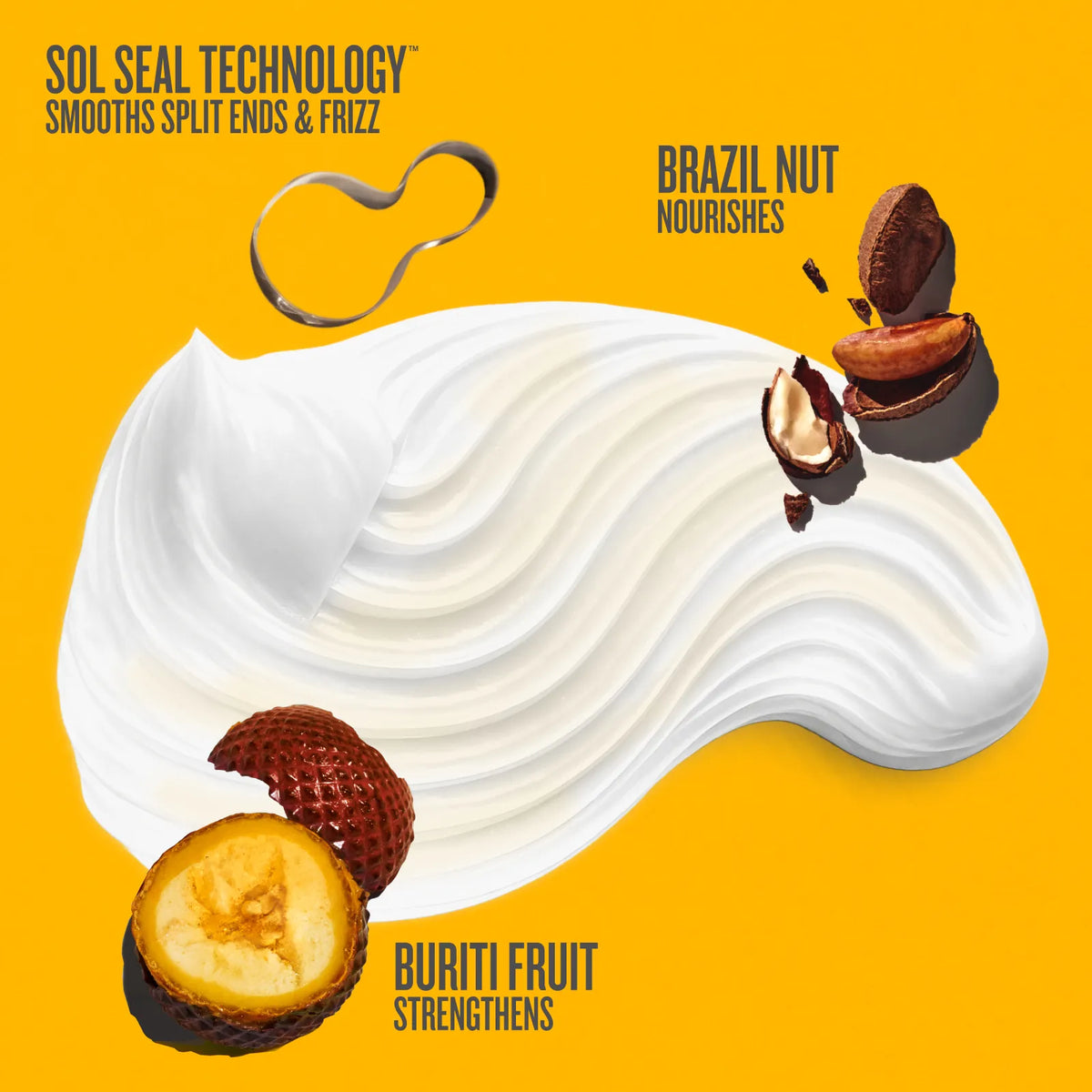 Product advertisement with white cream, Brazil nut, and Buriti fruit on a yellow background