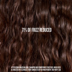 Close-up of curly brown hair with text indicating 71% frizz reduction, set against a dark brown background.