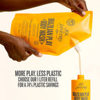 more play, less plastic chose our 1 liter refill for 74% plastic savings