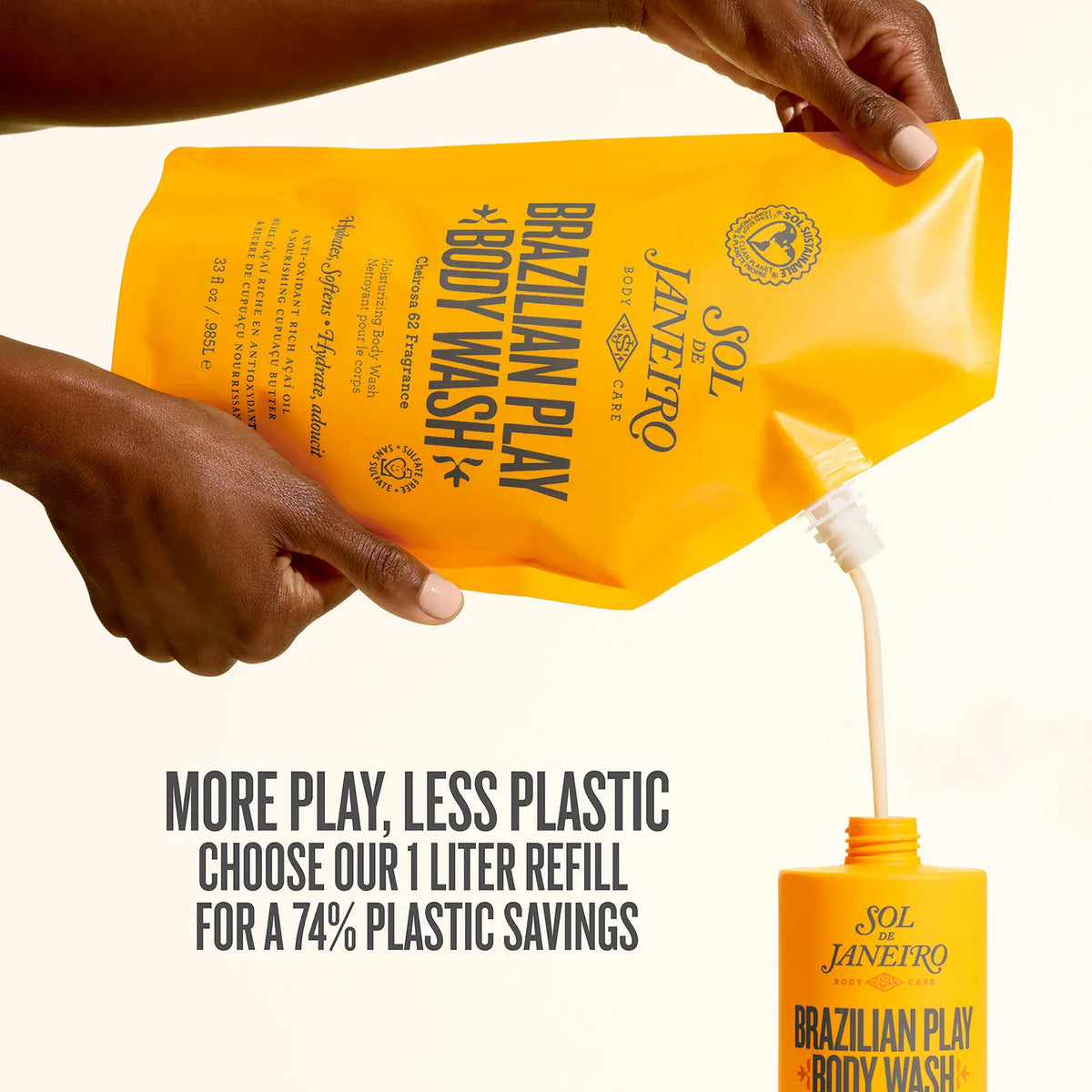 more play, less plastic chose our 1 liter refill for 74% plastic savings