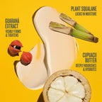 Skincare mask with ingredients like guarana extract, cupuácu butter, and plant squalane on a yellow background.