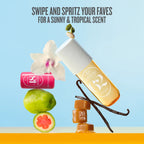 A promotional product graphic for SZA Aesthetic Beauty products. The main item is a clear bottle filled with golden-yellow liquid, shown tilted with a white cap, alongside a pink cylindrical item, a white orchid flower, a lime, a cut pink grapefruit, vanilla beans, and caramel cubes.