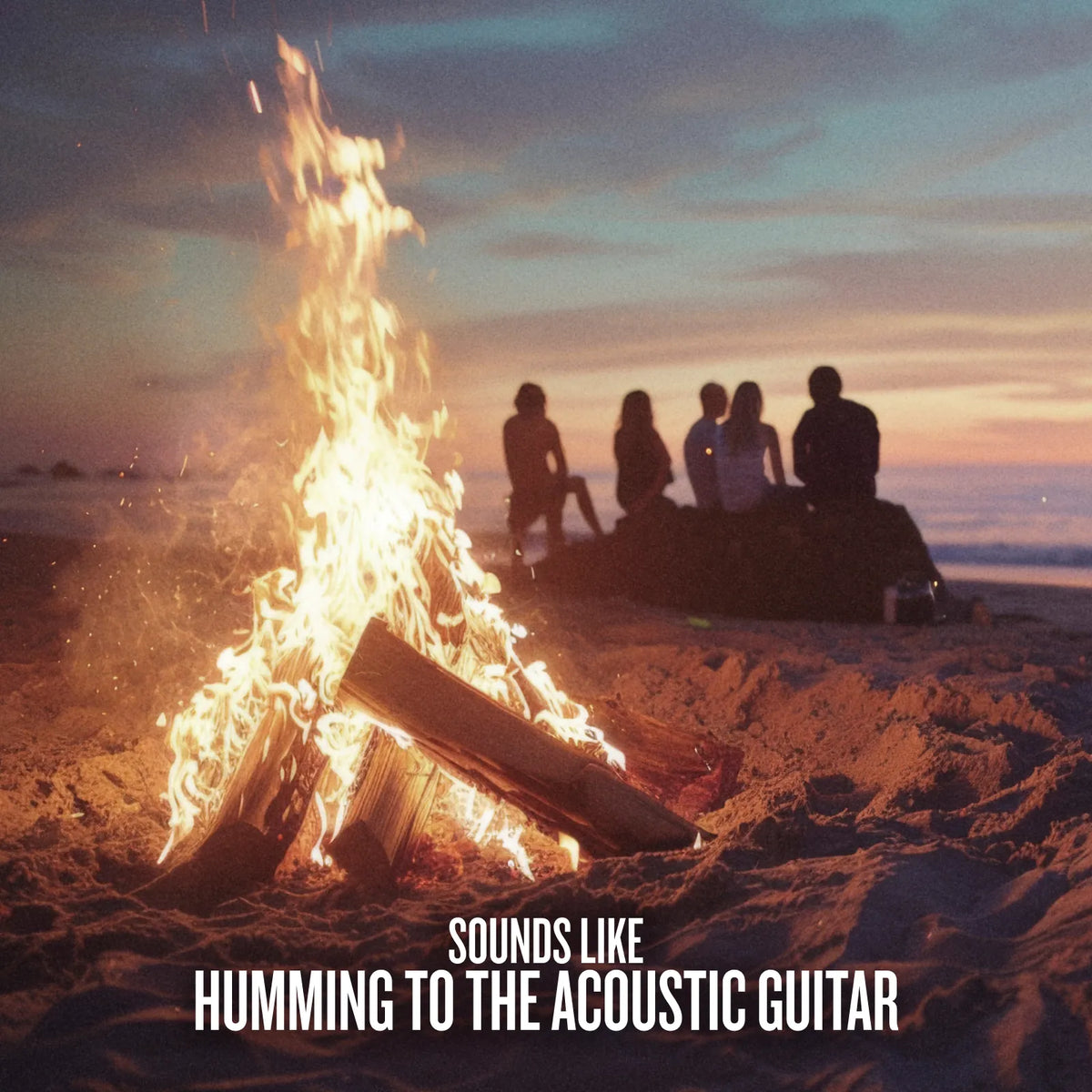A campfire burns brightly on a beach at sunset, with several people sitting in the sand in the background. White text at the bottom reads, 'SOUNDS LIKE HUMMING TO THE ACOUSTIC GUITAR'.
