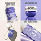 Collection of Sol de Janeiro skincare products including shower oil, body butter, and deodorant on a white background.