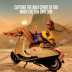 A woman reclining on a cream-colored scooter on a beach with a warm sunset sky, large text at the top reading 'CAPTURE THE BOLD SPIRIT OF RIO WHEN THE SUN DIPS LOW', and a Rio de Janeiro mountain backdrop.