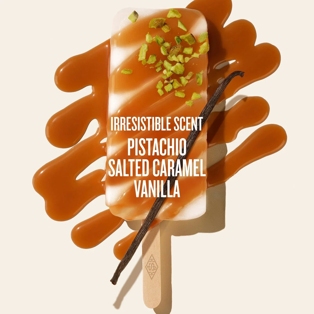 The text in this asset reads "irresistible scent pistachio, salted caramel, vanilla" This asset is showing the scent notes that are in Sol de Janeiro Badalada Lotion