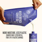 more moisture less plastic choose our 1 liter refill for a 74% plastic savings