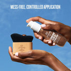 text on image reads mess free, controlled application. the image is of a model using the sol de janeiro glowmotions body oil in Copacabana bronze with the new glowmotions brush