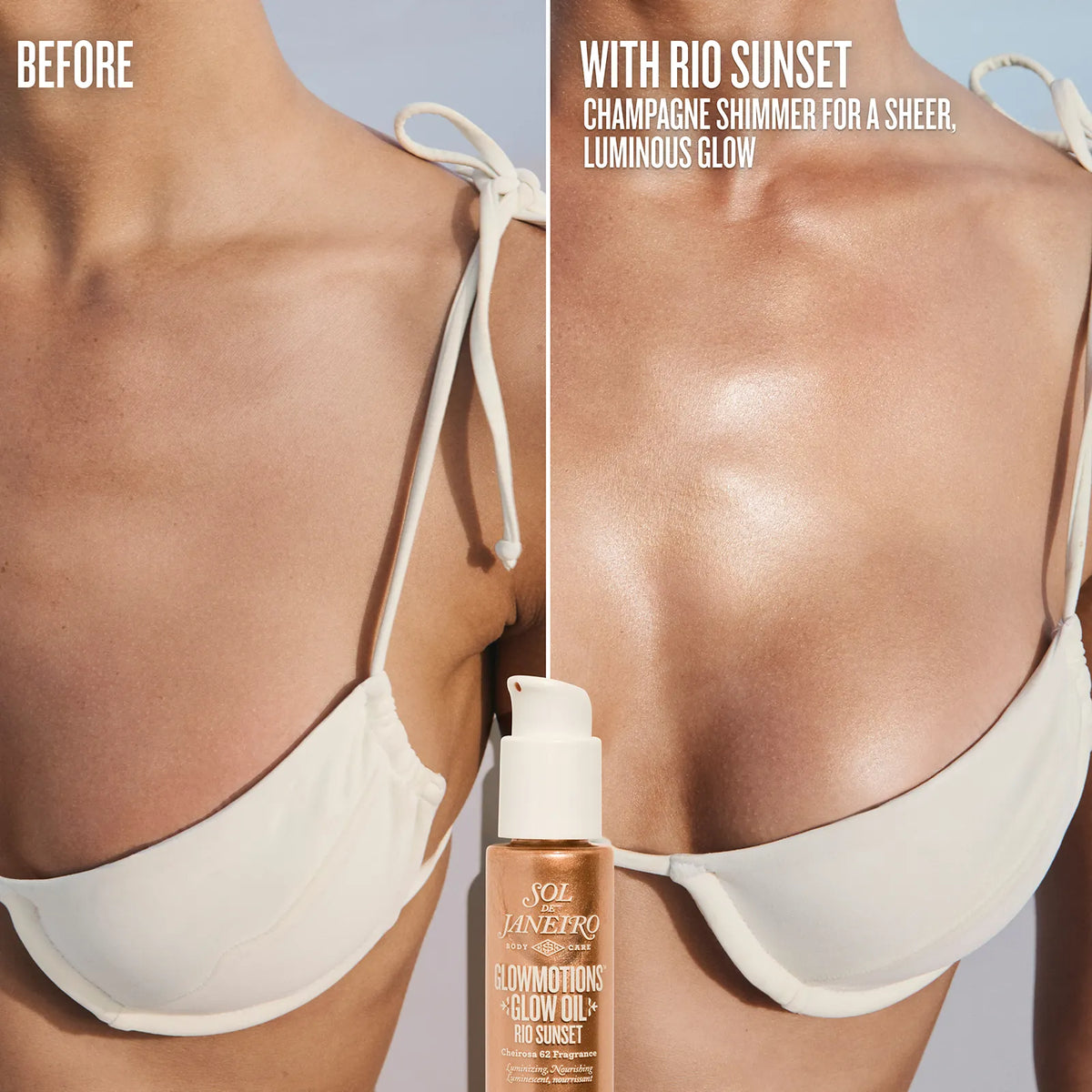 Before and after comparison of a woman applying a sunless tanning product with 'Rio Sunset' finish.