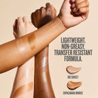 Lightweight. non-greasy. transfer resistant formula. rio sunset swatch and copacabana bronze swatch