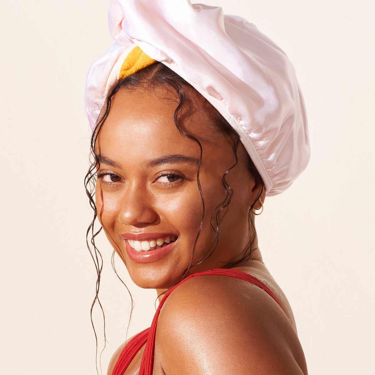 hair towel on model smiling