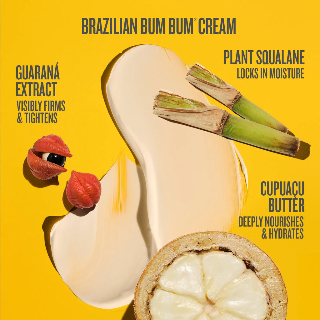 A cosmetic product graphic for Brazilian Bum Bum Cream on a bright yellow background. A large smear of creamy beige cream is centered, with guaraná extract capsules, plant squalane stalks, cupuacu butter, and text callouts describing ingredients and benefits.