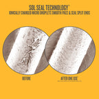 Before and after comparison of hair split ends using Sol Seal Technology on a yellow background.