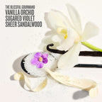 Vanilla orchid, sugared violet, and sheer sandalwood with a white background