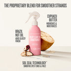 Pink bottle of leave-in conditioner with coconut and text highlighting ingredients and benefits on a white background