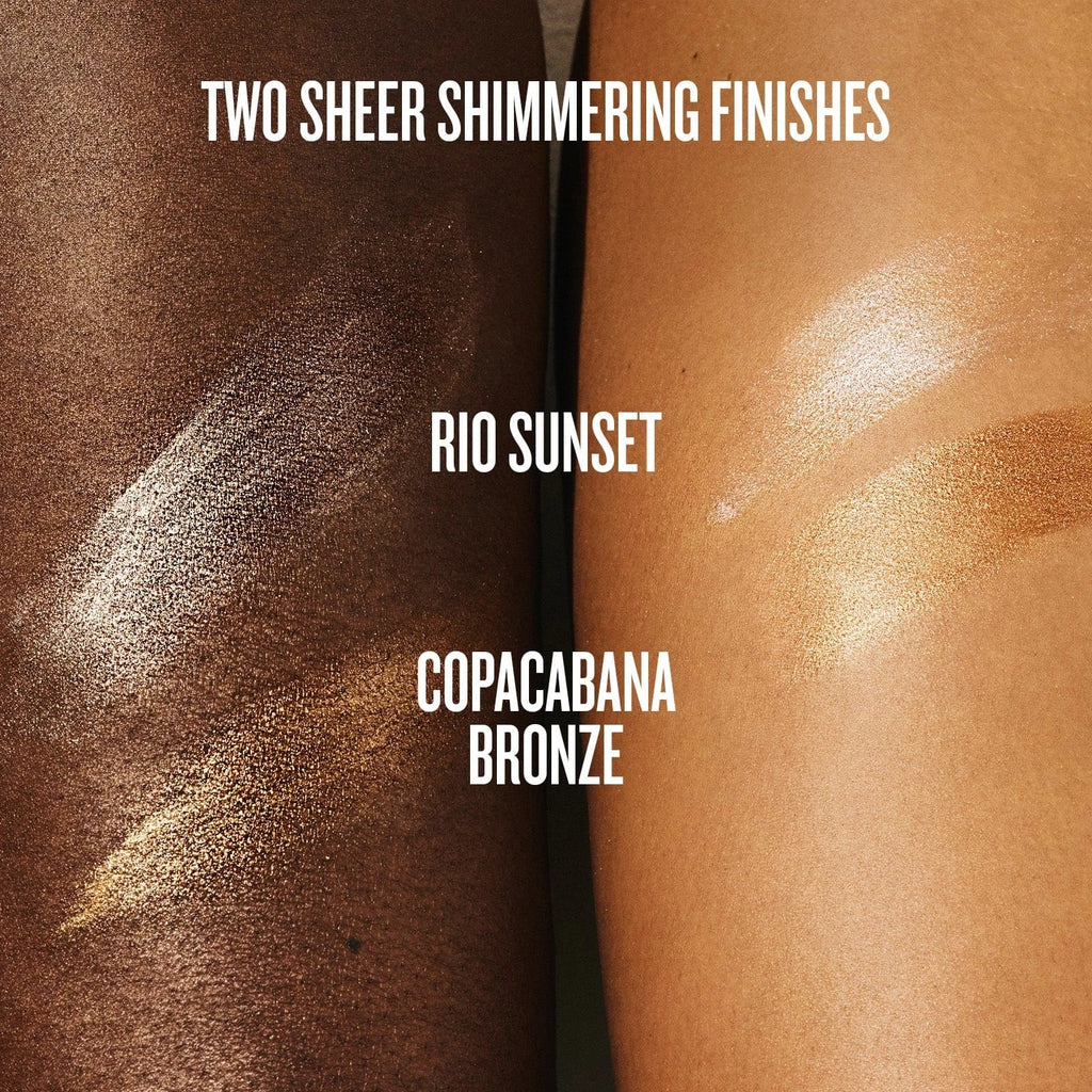 Text on image reads two sheet shimmering finishes rio sunset and copacabana bronze. The image is showing a swatch of the two shades with two different skin types