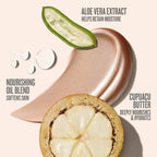 Text on image reads aloe vera extract helps retain moisture, nourishing oil blen softens skin, cupuacu butter deeply nourishes & hydrates. This image is showing a goop swatch of the sol de janeiro glowmotions rio sunset shade with key ingredients 