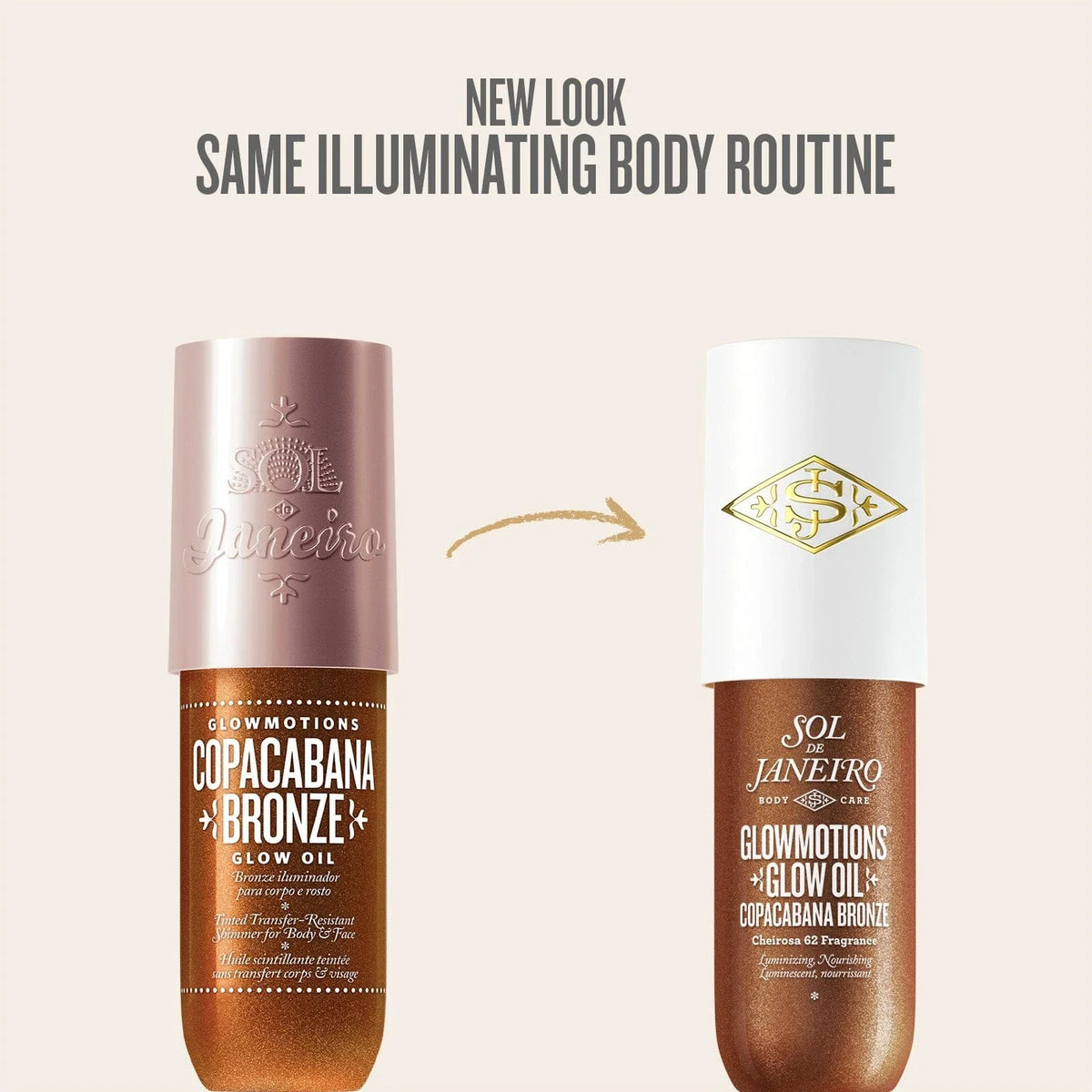 text on image is new look same illuminating body routine. This image is showing the difference with the new packaging for the sol de janeiro glowmotions glow oil 