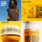 Promotional graphic for Sol de Janeiro products with a woman, body wash, cream, and deodorant.