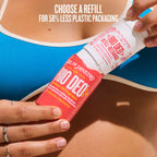 Person using a Rio De Janeiro refillable deodorant stick with text about plastic packaging reduction.