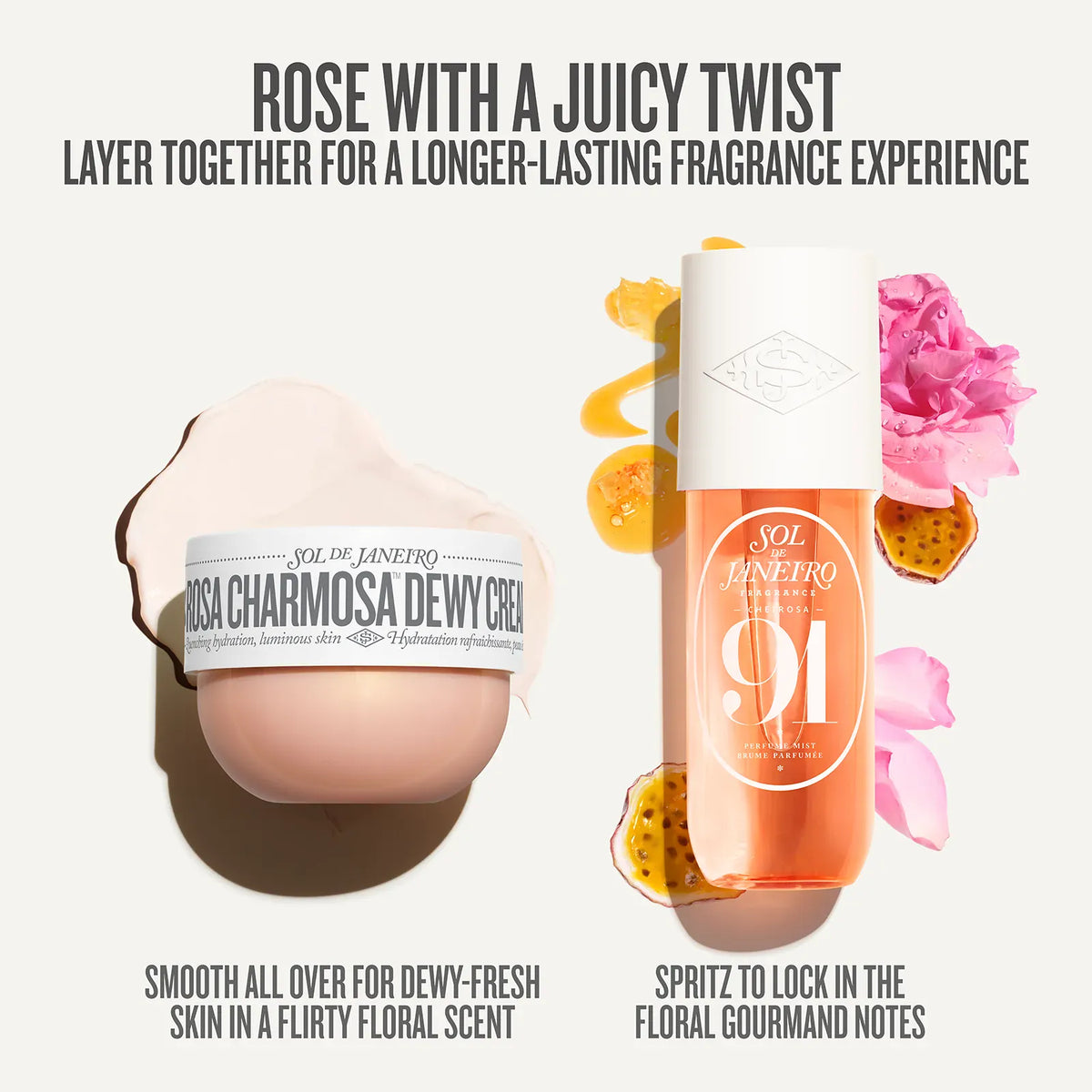 Rose with a juicy twist layer together for a longer-lasting fragrance experience smooth all over for a dewy-fresh skin in a flirty floral scent. spritz to lock in the floral gourmand notes