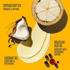 Cupuaçá butter, coconut oil, and acai oil with text on a yellow background