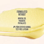 Yellow substance with text about product ingredients and certifications on a white background