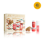 A boxed beauty gift set labeled SOL DE JANEIRO with several small cosmetic bottles and two wooden-bristle exfoliating pads arranged in front on a white background. A yellow circular '40% Off $82 Value' badge appears in the top right corner.