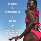 Woman in pink bikini against a blue sky with promotional text about a 'take back bag' program.